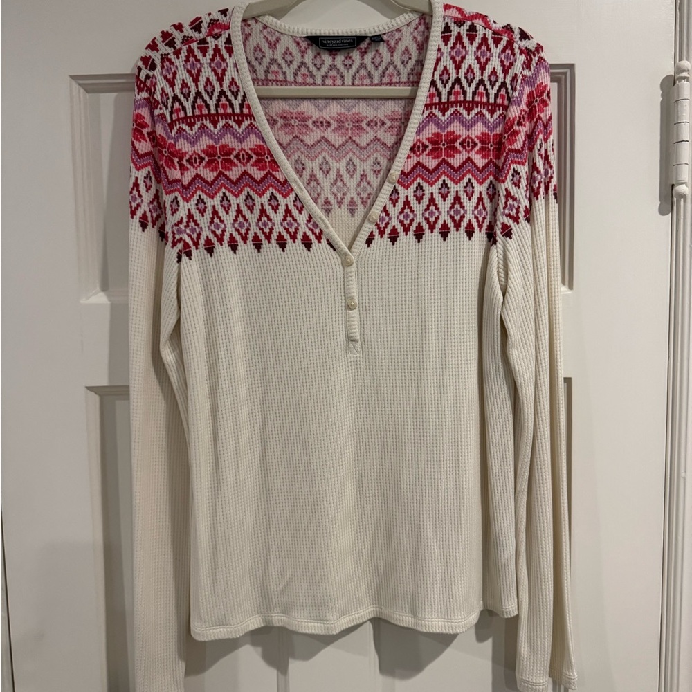 Vineyard Vines Waffle Long Sleeve V-Neck Top - Red and Cream